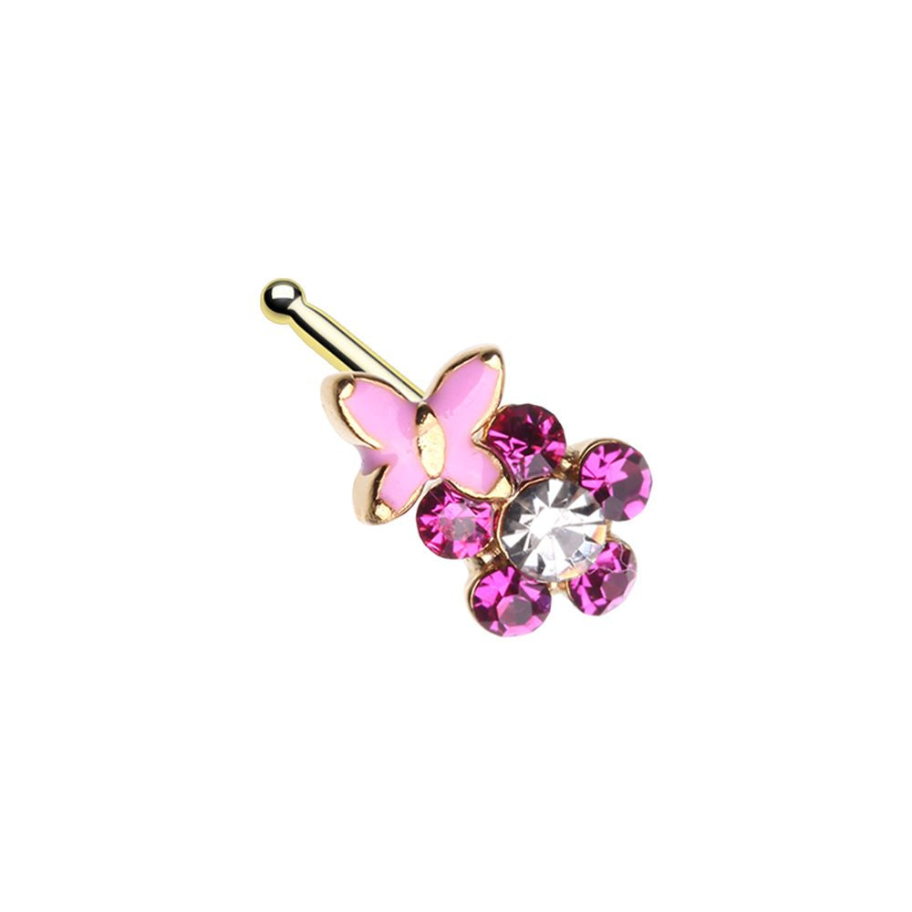 Pink Butterfly and Flower Nose Bone Stud - Gold Tone Stainless Steel