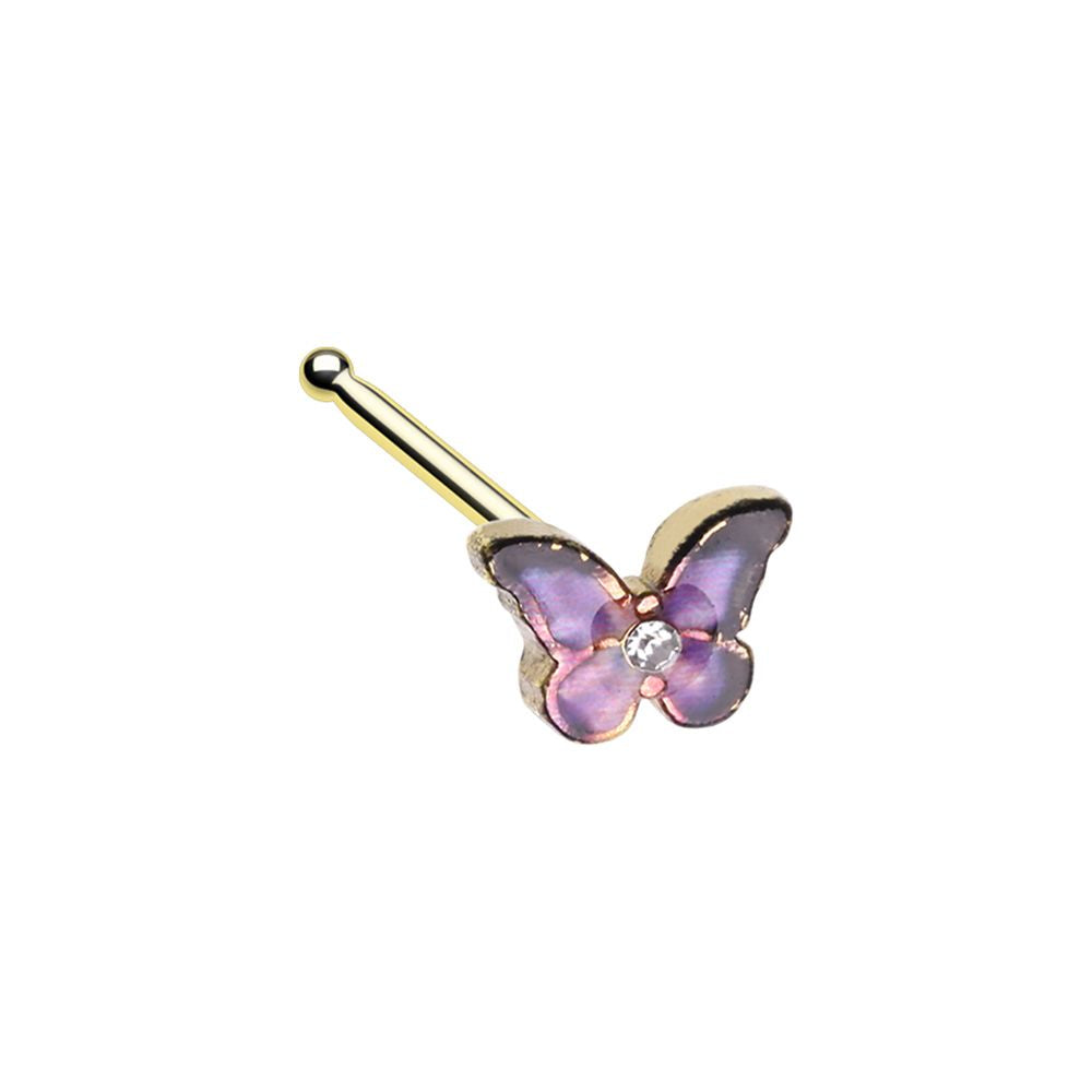 Lavender Butterfly Nose Bone Stud - Gold Tone Stainless Steel