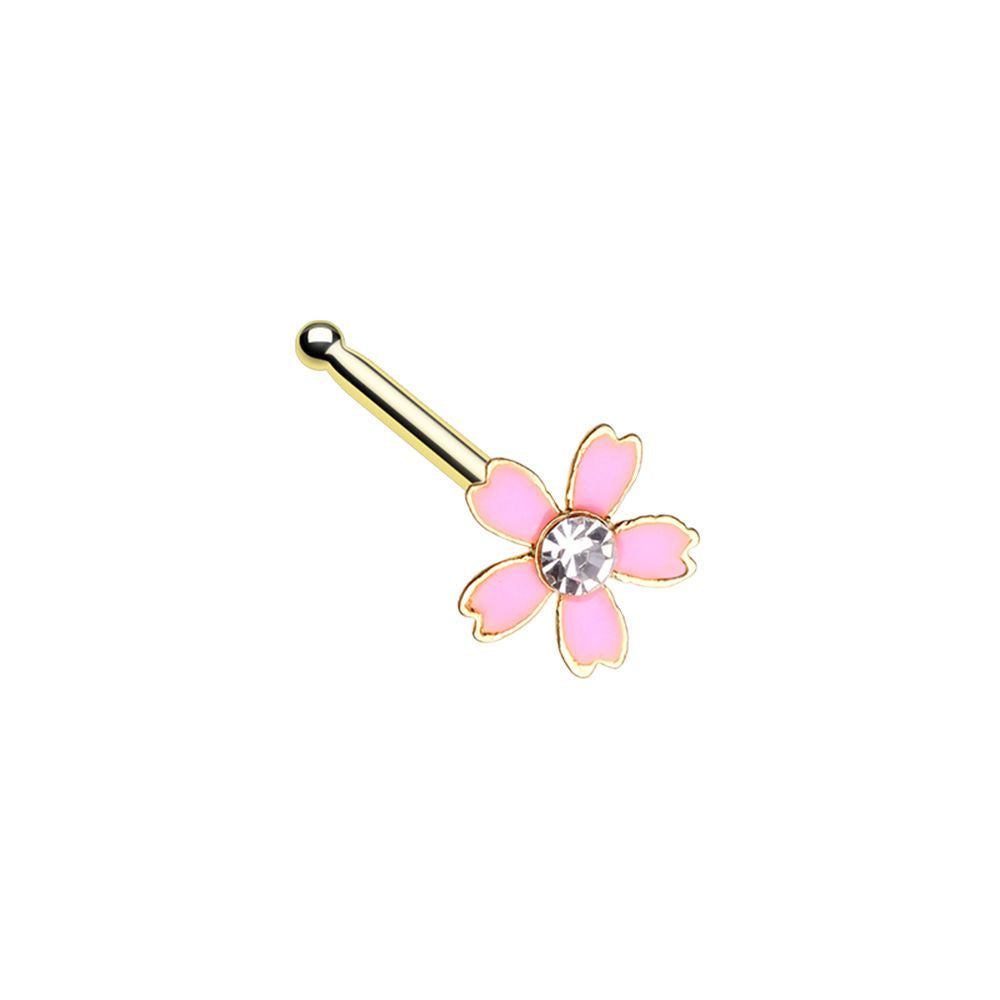 Pink Sakura Flower Nose Bone Stud - Gold Tone Stainless Steel