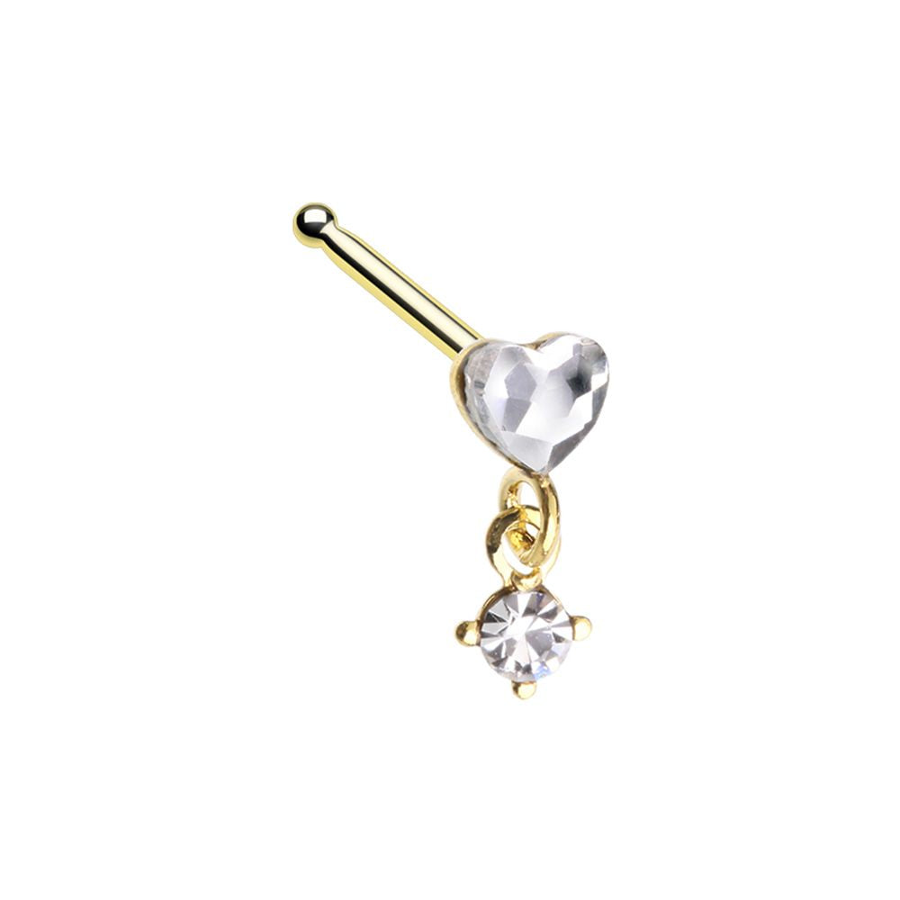Crystal Heart with Dangling Gem Nose Bone Stud - Gold Tone Stainless Steel