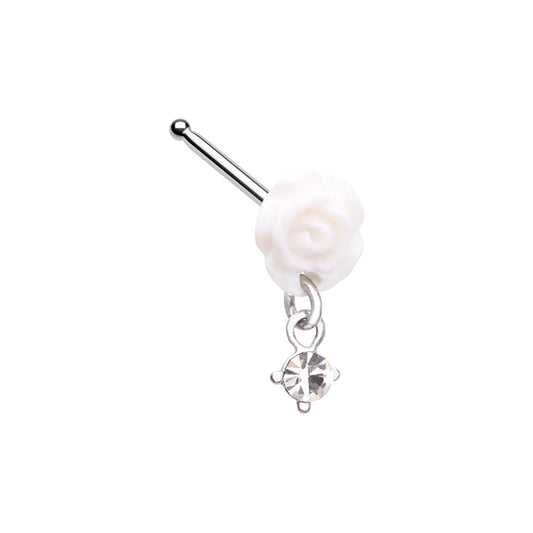 White Rose with Dangling Gem Nose Bone Stud - Stainless Steel