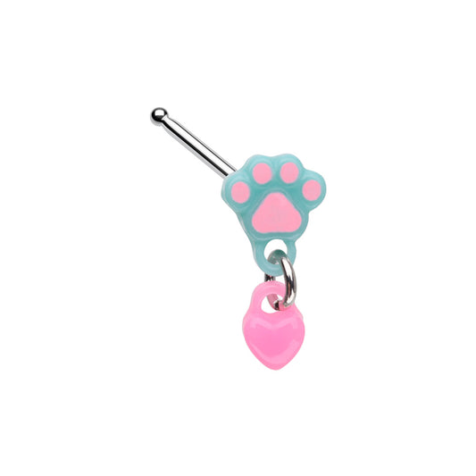 Aqua Dog Paw with Dangling Pink Heart Nose Bone Stud - Stainless Steel