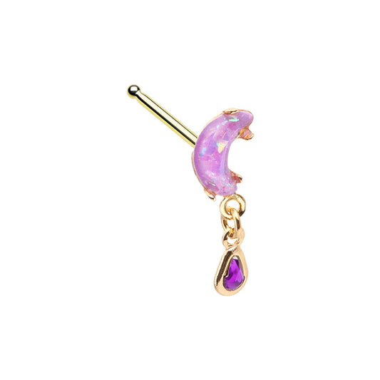 Purple Opalite Crescent Moon with Dangling Gem Nose Bone Stud - Gold Plated Stainless Steel