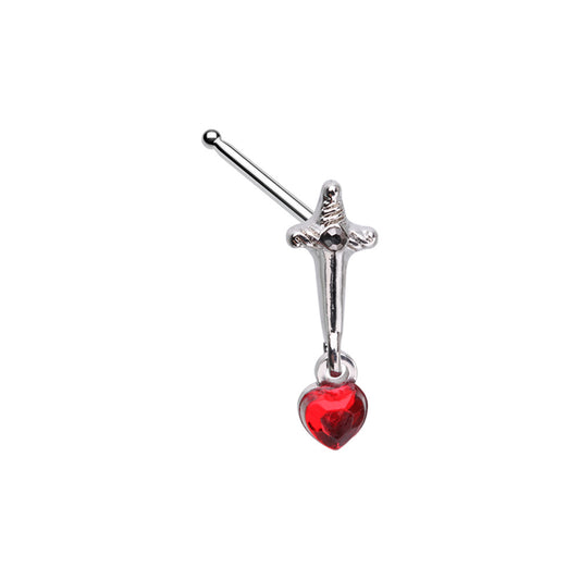 Dagger with Dangling Red Heart Gem Nose Bone Stud - Stainless Steel