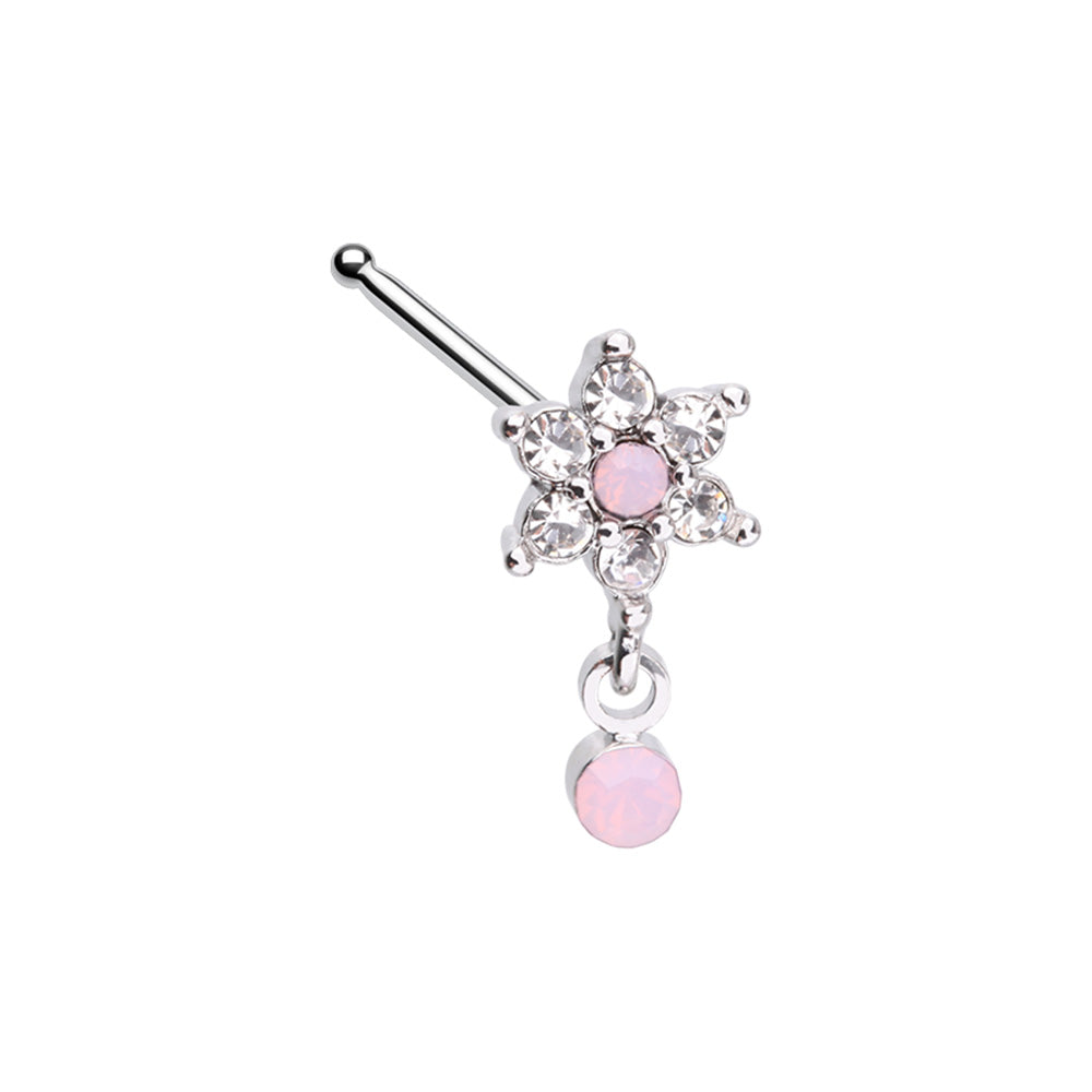 Crystal Flower with Pink Dangling Gem Nose Bone Stud - Stainless Steel