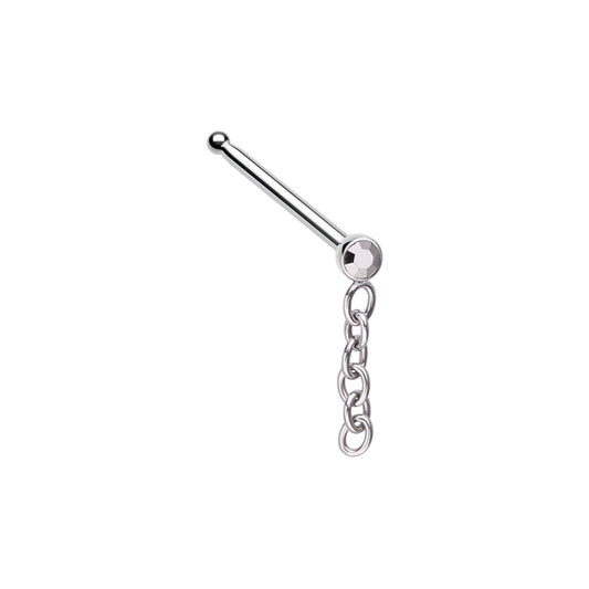 Gem with Long Dangling Chain Nose Bone Stud - Stainless Steel