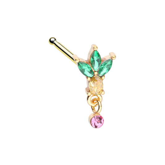 Crystal Pineapple with Pink Dangling Gem Nose Bone Stud - Gold Plated Stainless Steel