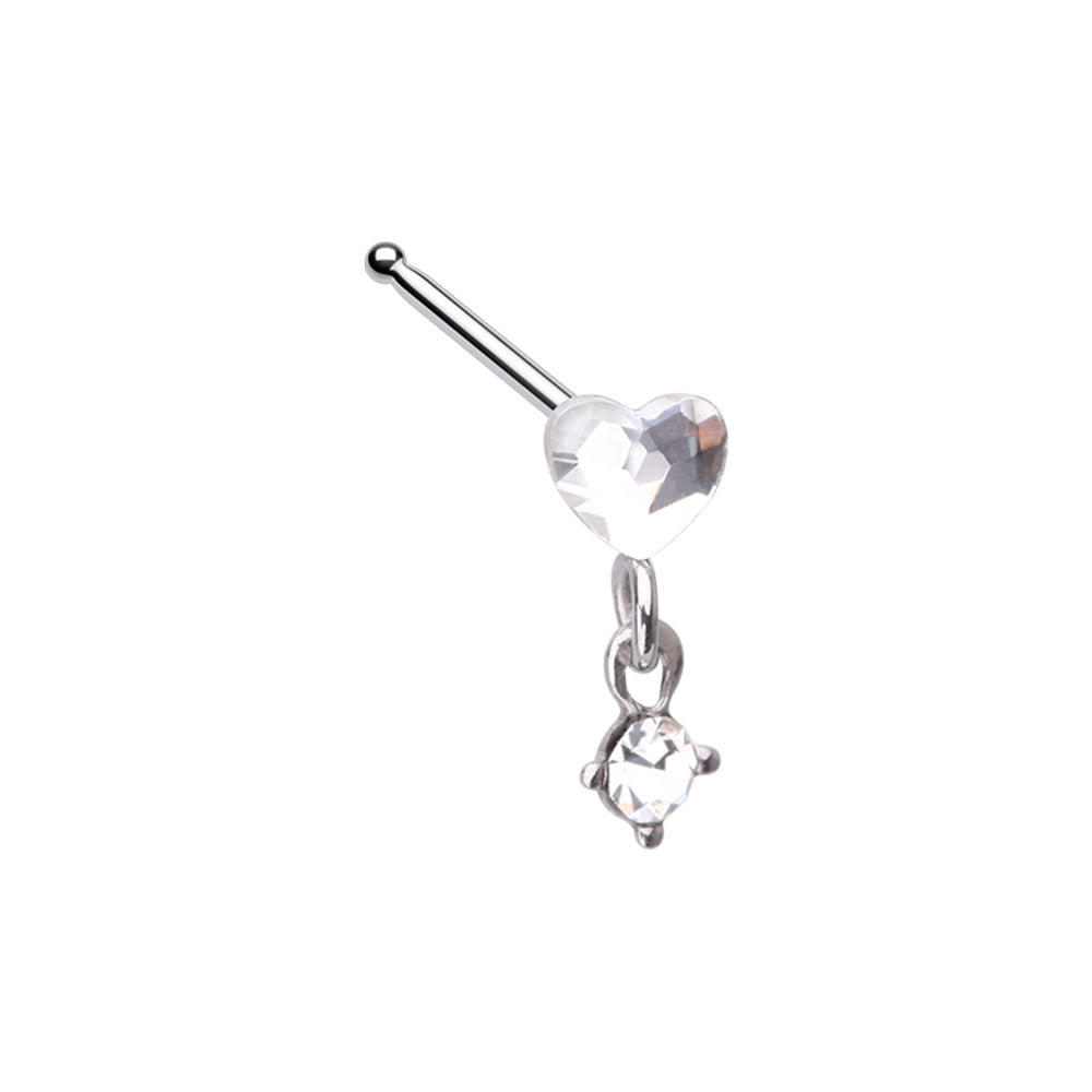 Crystal Heart with Dangling Gem Nose Bone Stud - Stainless Steel