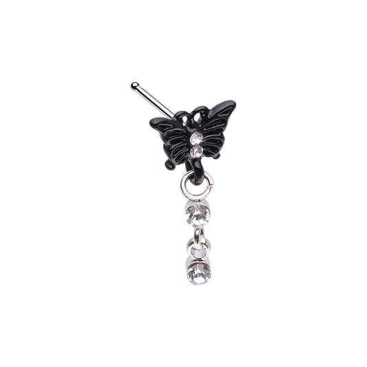 Black Butterfly with Dangling Gems Nose Bone Stud - Stainless Steel