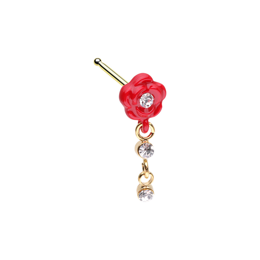 Red Rose with Dangling Gems Nose Bone Stud - Gold Plated Stainless Steel