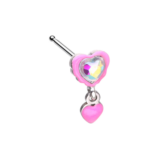 Aurora Borealis Pink Heart with Dangling Heart Nose Bone Stud - 316L Stainless Steel