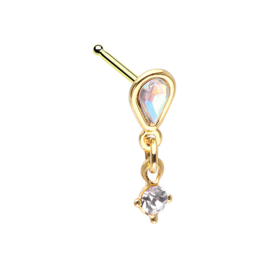 Aurora Borealis Teardrop with Dangling Gem Nose Bone Stud - Gold Plated 316L Stainless Steel