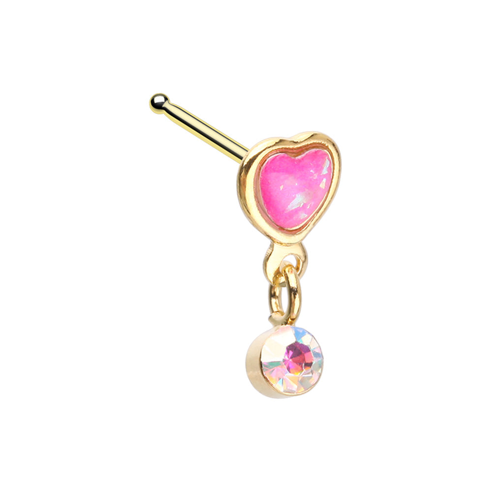 Pink Heart with Dangling Aurora Borealis Gem Nose Bone Stud - Gold Plated 316L Stainless Steel