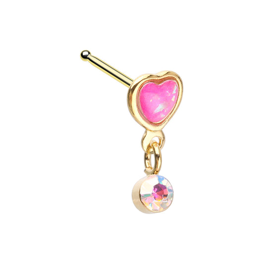 Pink Heart with Dangling Aurora Borealis Gem Nose Bone Stud - Gold Plated 316L Stainless Steel
