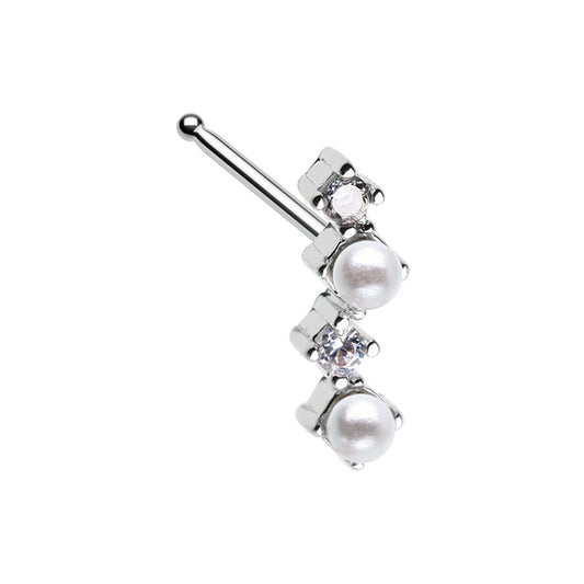 CZ Crystal and Synthetic Pearls Zig Zag Nose Bone Stud - 316L Stainless Steel