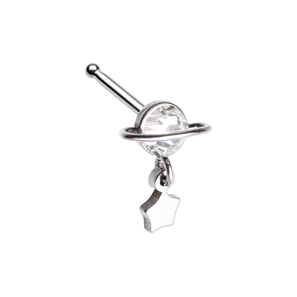 CZ Crystal Planet with Dangling Star Nose Bone Stud - 316L Stainless Steel