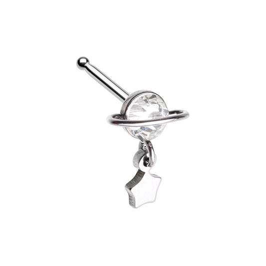 CZ Crystal Planet with Dangling Star Nose Bone Stud - 316L Stainless Steel