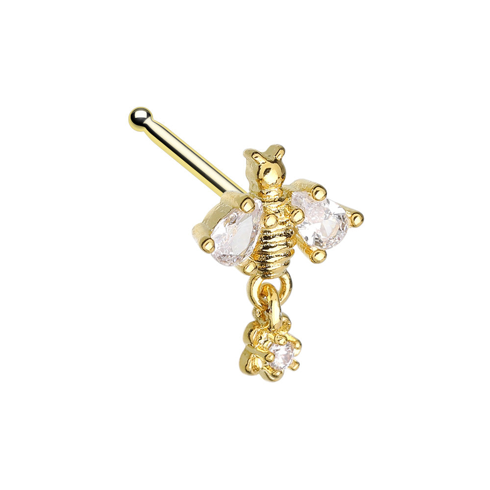 Queen Bee with Dangling Gem Nose Bone Stud - Gold Plated 316L Stainless Steel
