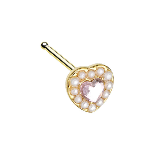 Faux Pearl Outlined CZ Crystal Heart Nose Bone Stud - Gold Plated 316L Stainless Steel