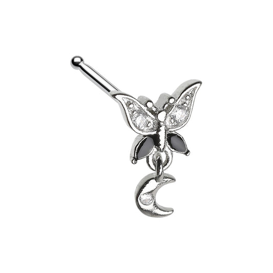 Black CZ Crystal Butterfly with Dangling Moon Nose Bone Stud - 316L Stainless Steel