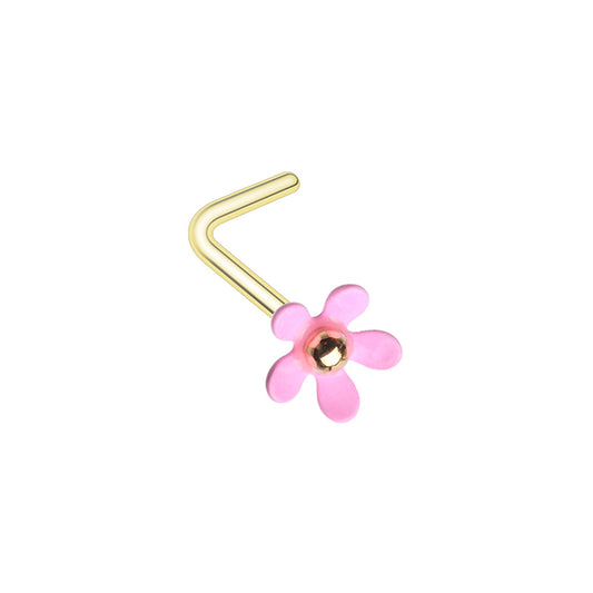 Pink Flower L-Bend Nose Stud - Gold Plated Stainless Steel