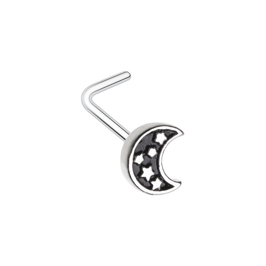 Black Crescent Moon with Stars L-Bend Nose Stud - Stainless Steel