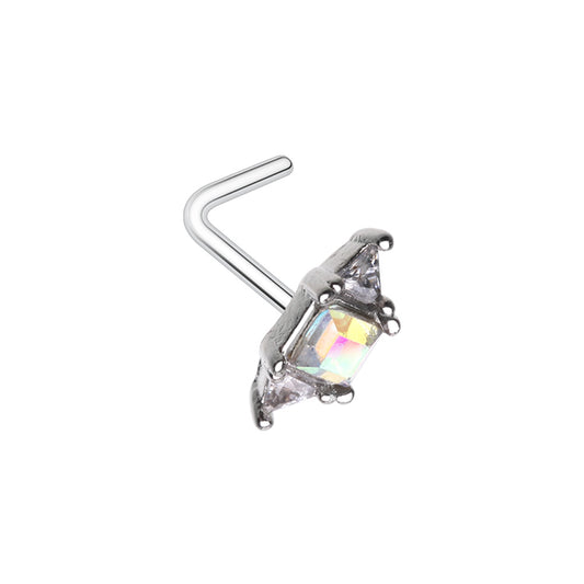 CZ Crystal Aurora Borealis Center with Triangle Ends L-Bend Nose Stud - Stainless Steel