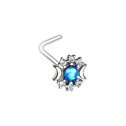 Blue Synthetic Opal with Crescent Moon Ends L-Bend Nose Stud - Stainless Steel