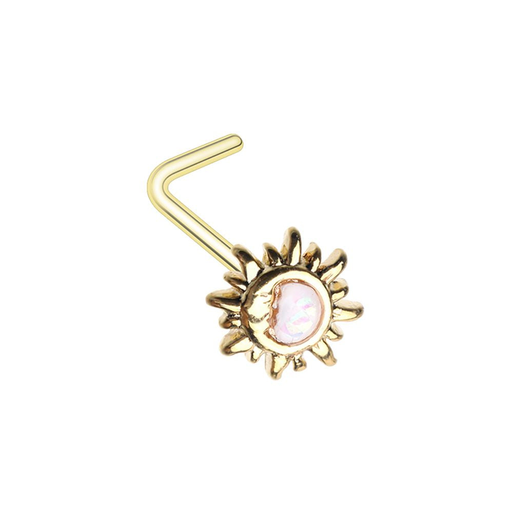 Opalite Crescent Moon and Sun L-Bend Nose Stud - Gold Tone Stainless Steel