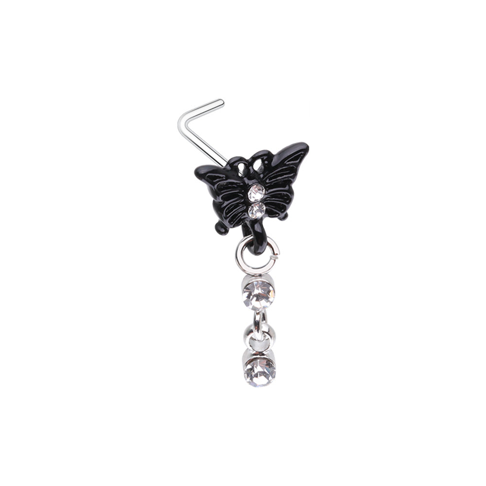 Black Butterfly with Dangling Gems L-Bend Nose Stud - Stainless Steel