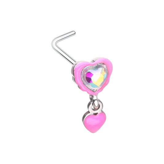 Aurora Borealis Pink Heart with Dangling Heart L-Bend Nose Stud - 316L Stainless Steel