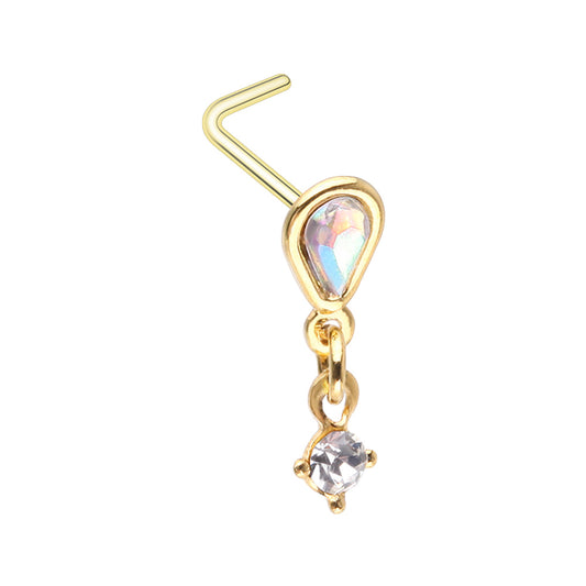 Aurora Borealis Teardrop with Dangling Gem L-Bend Nose Stud - Gold Plated 316L Stainless Steel