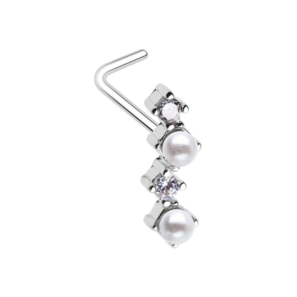 CZ Crystal and Synthetic Pearls Zig Zag L-Bend Nose Stud - 316L Stainless Steel