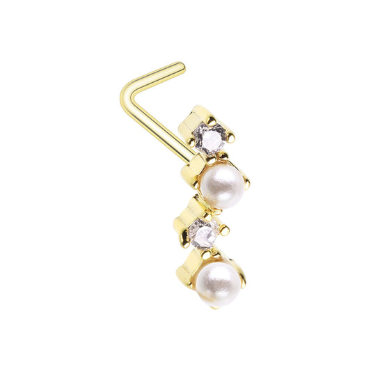 CZ Crystal and Synthetic Pearls Zig Zag L-Bend Nose Stud - 316L Stainless Steel