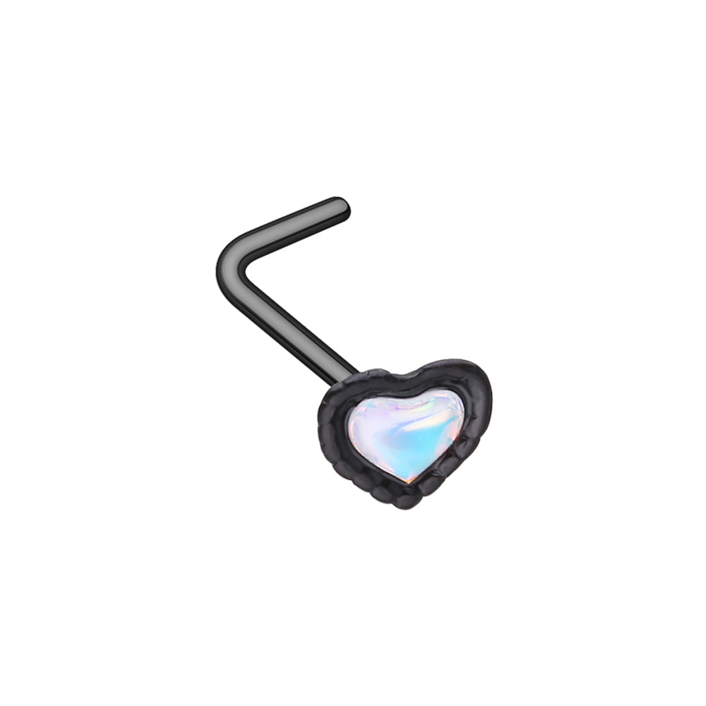Heart Moonstone L-Bend Nose Stud - Black 316L Stainless Steel
