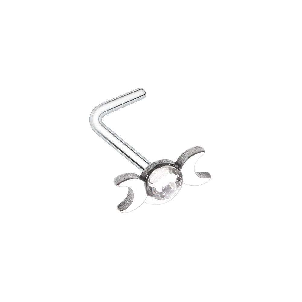 CZ Crystal Double Crescent Moon L-Bend Nose Stud - 316L Stainless Steel