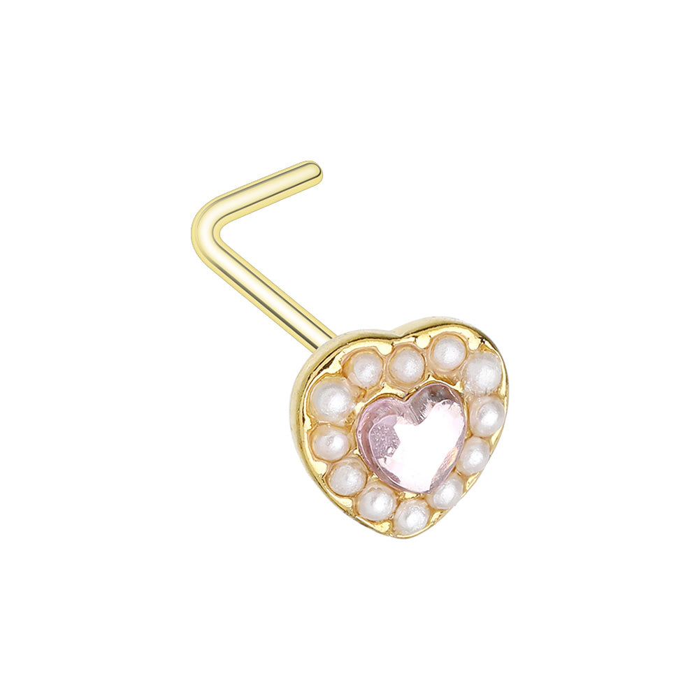 Faux Pearl Outlined CZ Crystal Heart L-Bend Nose Stud - Gold Plated 316L Stainless Steel