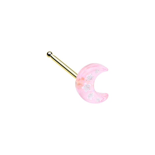 Kawaii Pink Glitter Star Crescent Moon Nose Bone Stud - Gold Plated Stainless Steel