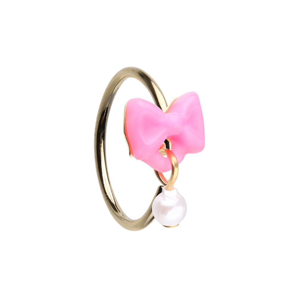 Pink Ribbon with Dangling Faux Pearl Bendable Nose Ring - Gold Plated Stainless Steel