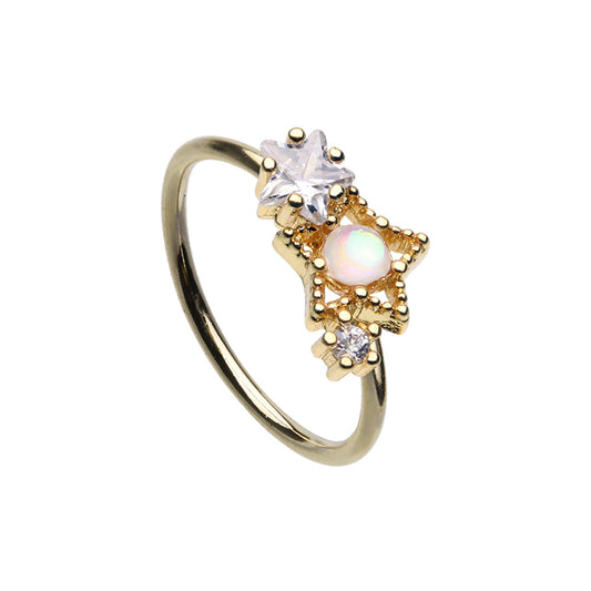 Gold Tone CZ Crystal and Synthetic Opal Center Star Cluster Bendable Nose Ring - Stainless Steel