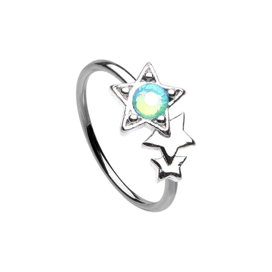 Aqua Crystal Triple Shooting Stars Bendable Nose Ring - Stainless Steel
