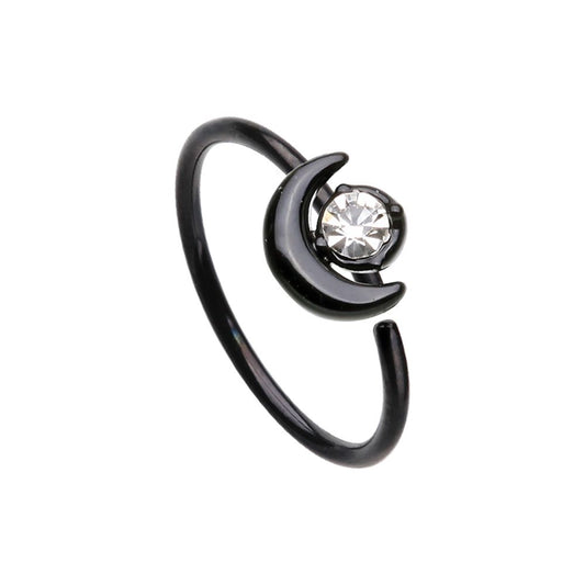 Crescent Moon with CZ Crystal Bendable Nose Ring - Black Stainless Steel