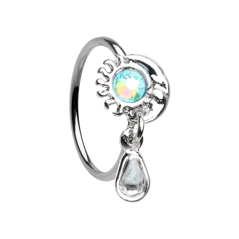 Aqua Sun and Crescent Moon with Dangling Gem Bendable Nose Ring - Stainless Steel