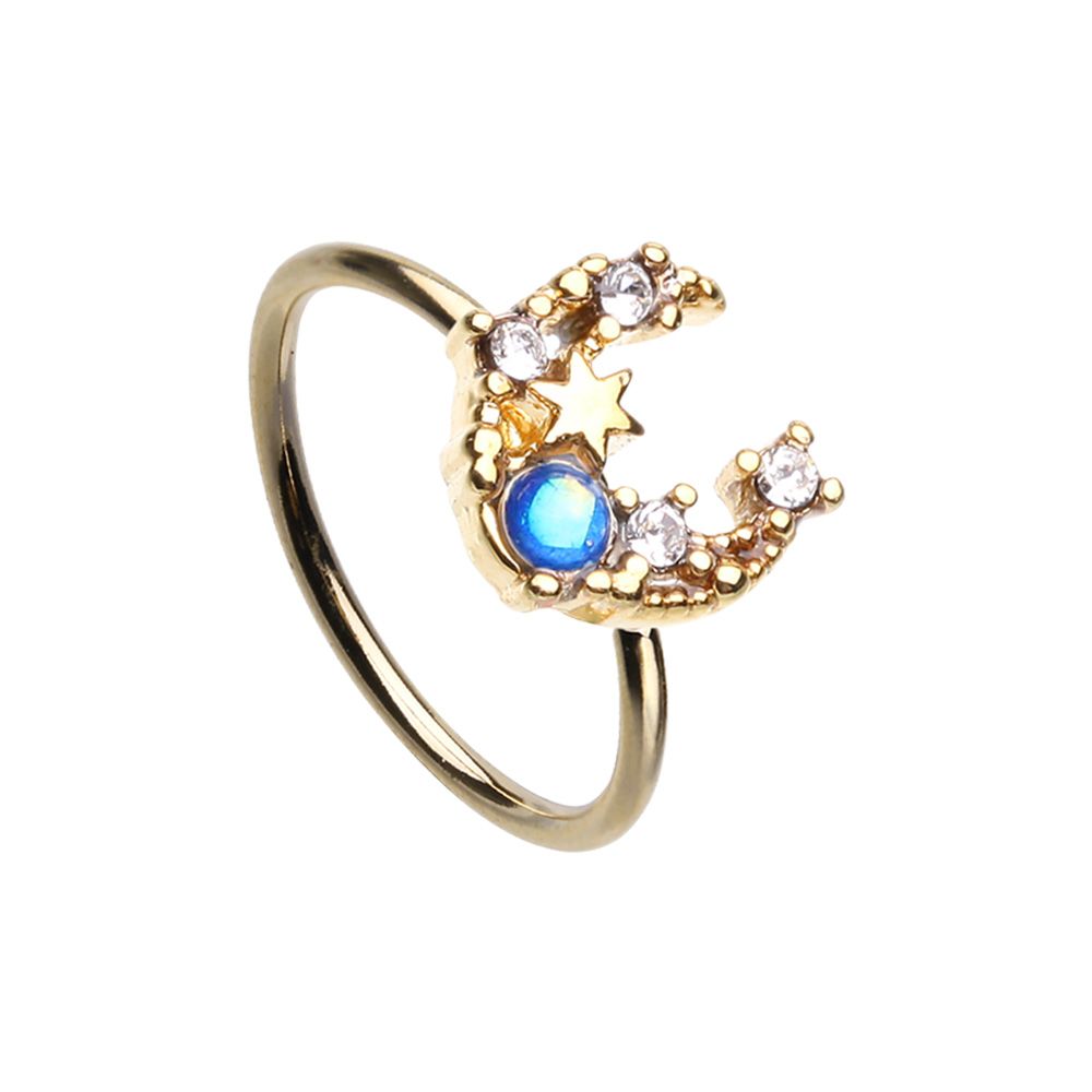 CZ Crystal Crescent Moon with Blue Opalite Bendable Nose Ring - Gold Plated Stainless Steel