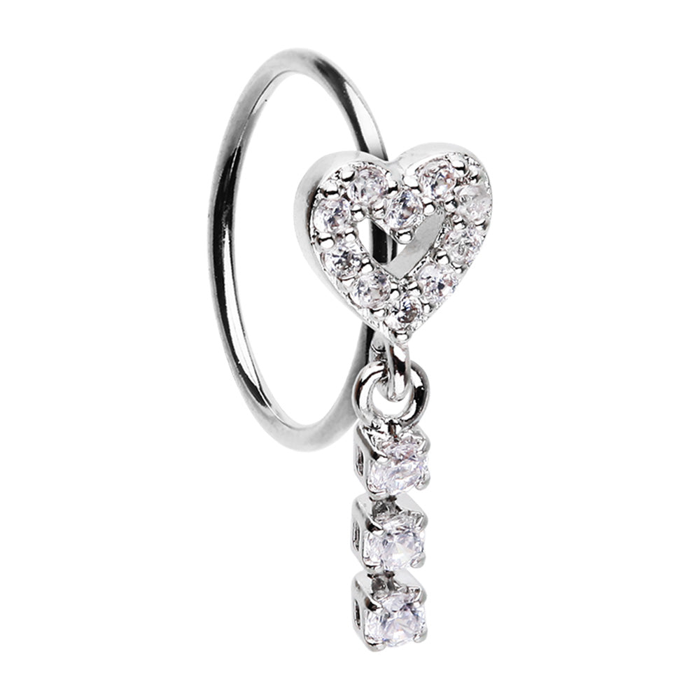 CZ Crystal Heart Outline with Dangling Chain Bendable Nose Ring - Stainless Steel