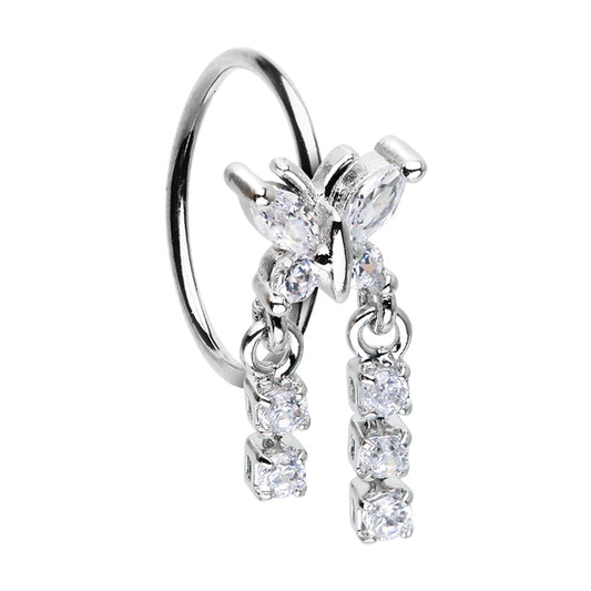 CZ Crystal Butterfly with Double Dangling Chain Bendable Nose Ring - Stainless Steel