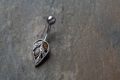 Natural Abalone Shell Filigree Leaf Belly Button Ring - 316L Stainless Steel