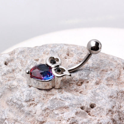 Red and Blue Ombre Crystal Owl Belly Button Ring - 316L Stainless Steel
