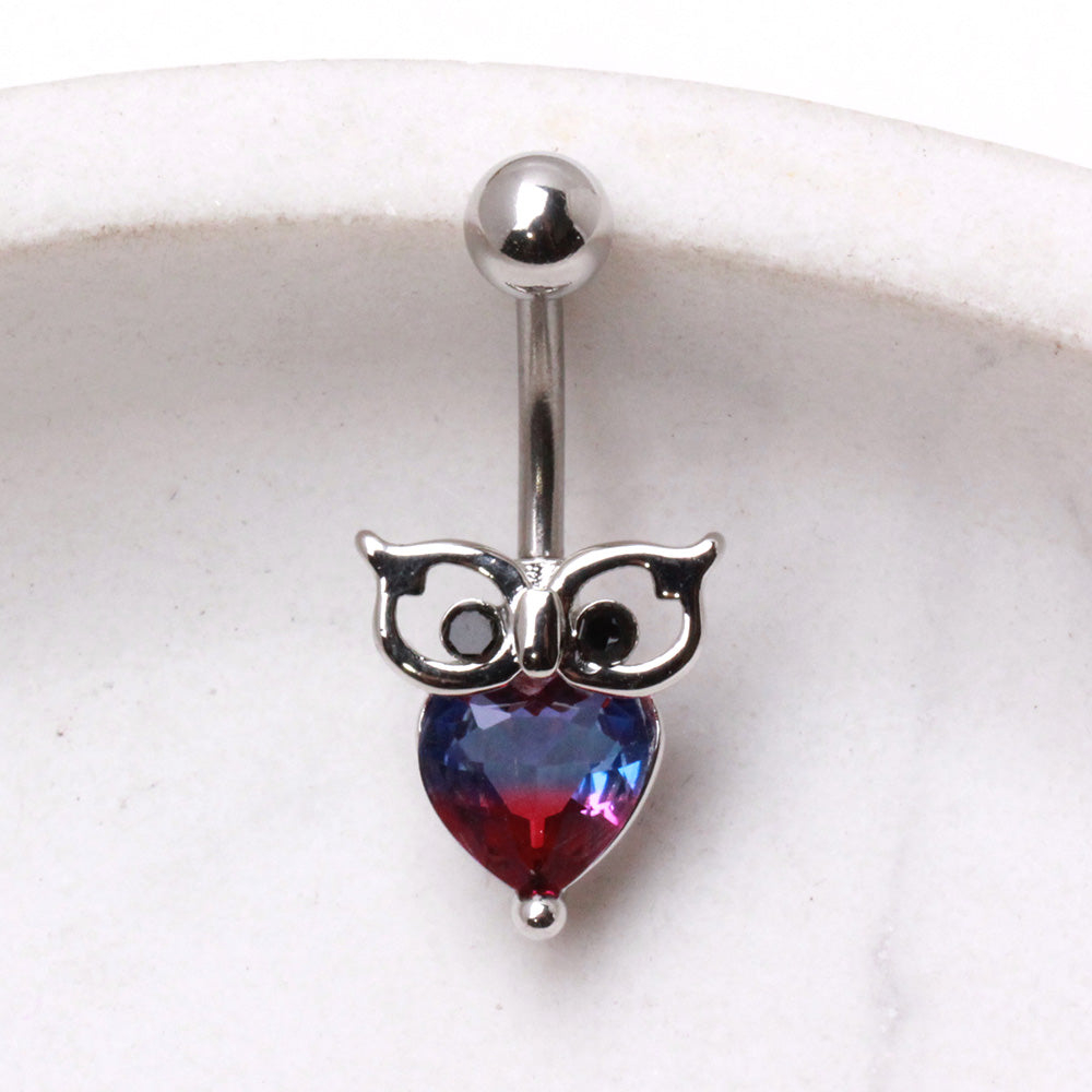 Red and Blue Ombre Crystal Owl Belly Button Ring - 316L Stainless Steel