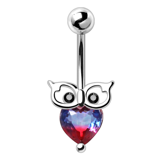 Red and Blue Ombre Crystal Owl Belly Button Ring - 316L Stainless Steel